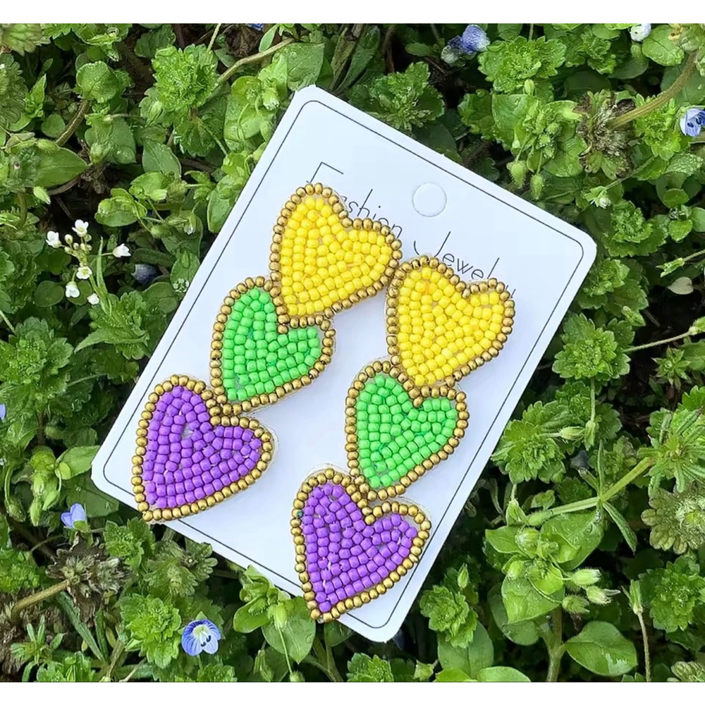 Mardi Gras Beaded Heart Dangle Earrings